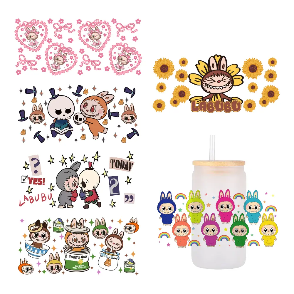 Hot 11x24cm Cartoon Designs Bubu For Libbey 16oz Can Glass 3D Waterproof UV DTF Coffee Cup Sticker Libbey Cup Wrap