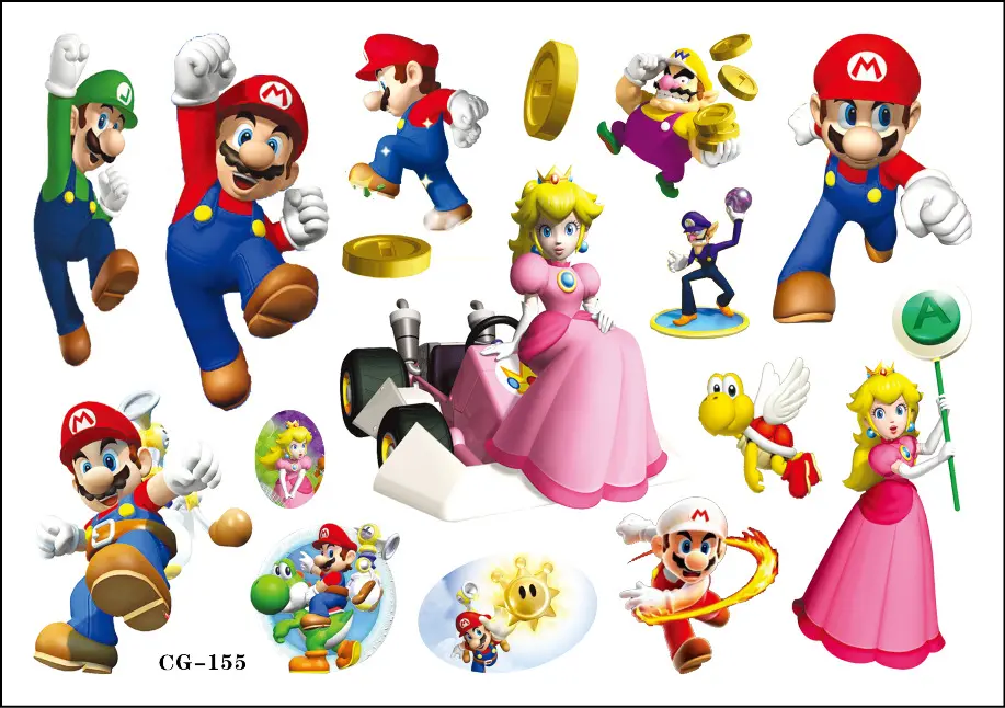 8styles Super Marios Bros Tattoo Stickers Luigi Yoshi Peach Toad Anime Figure Cute Sticker Toys Children Partys Gifts Supplies
