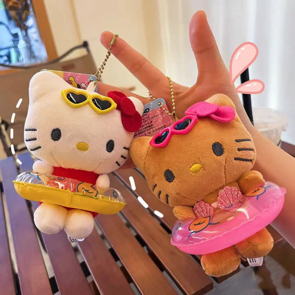Anime Saniro Hello Kitty Swimming Ring Plush Doll Keychain Pendant Cartoon Kt Cat Kawaii Beach Style Backpack Decoration Gifts
