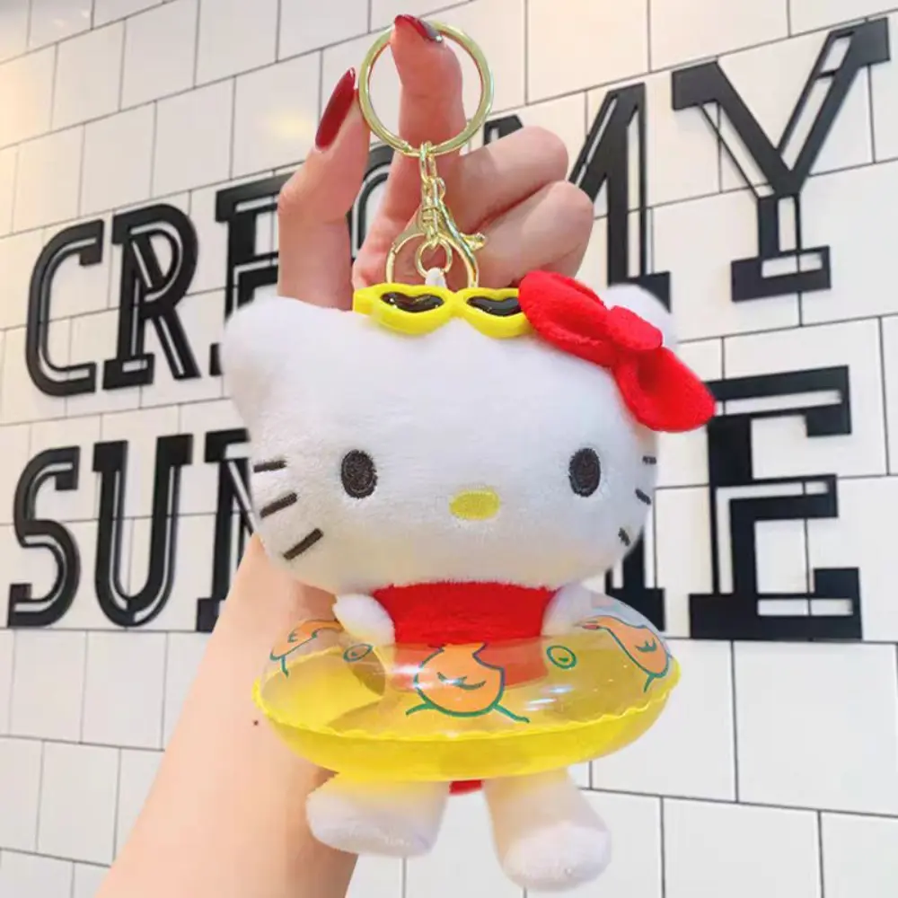 Anime Saniro Hello Kitty Swimming Ring Plush Doll Keychain Pendant Cartoon Kt Cat Kawaii Beach Style Backpack Decoration Gifts