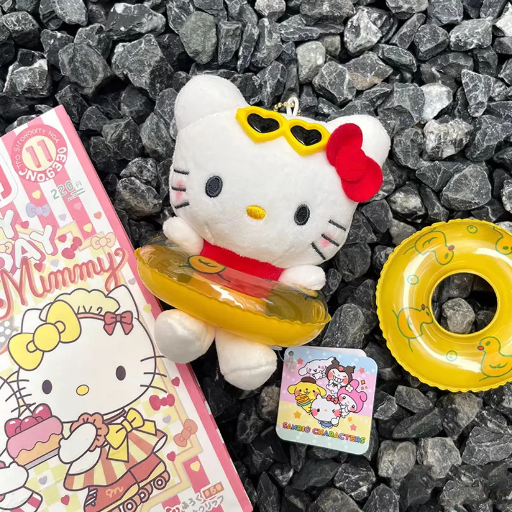 Anime Saniro Hello Kitty Swimming Ring Plush Doll Keychain Pendant Cartoon Kt Cat Kawaii Beach Style Backpack Decoration Gifts