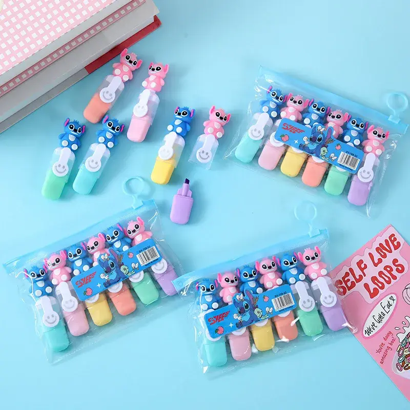 6pcs Stitch Highlighter Set Lilo & Stitch Cartoon Markers 6-Color Cute Stationery Gift for Students & DIY Handbooks