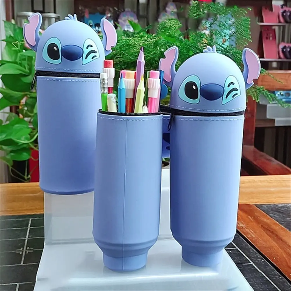 Kawaii Disney Stitch Silicone Retractable Pencil Case Fashion Upright Pen Container Cartoon Pen Box Student Stationery Supplies