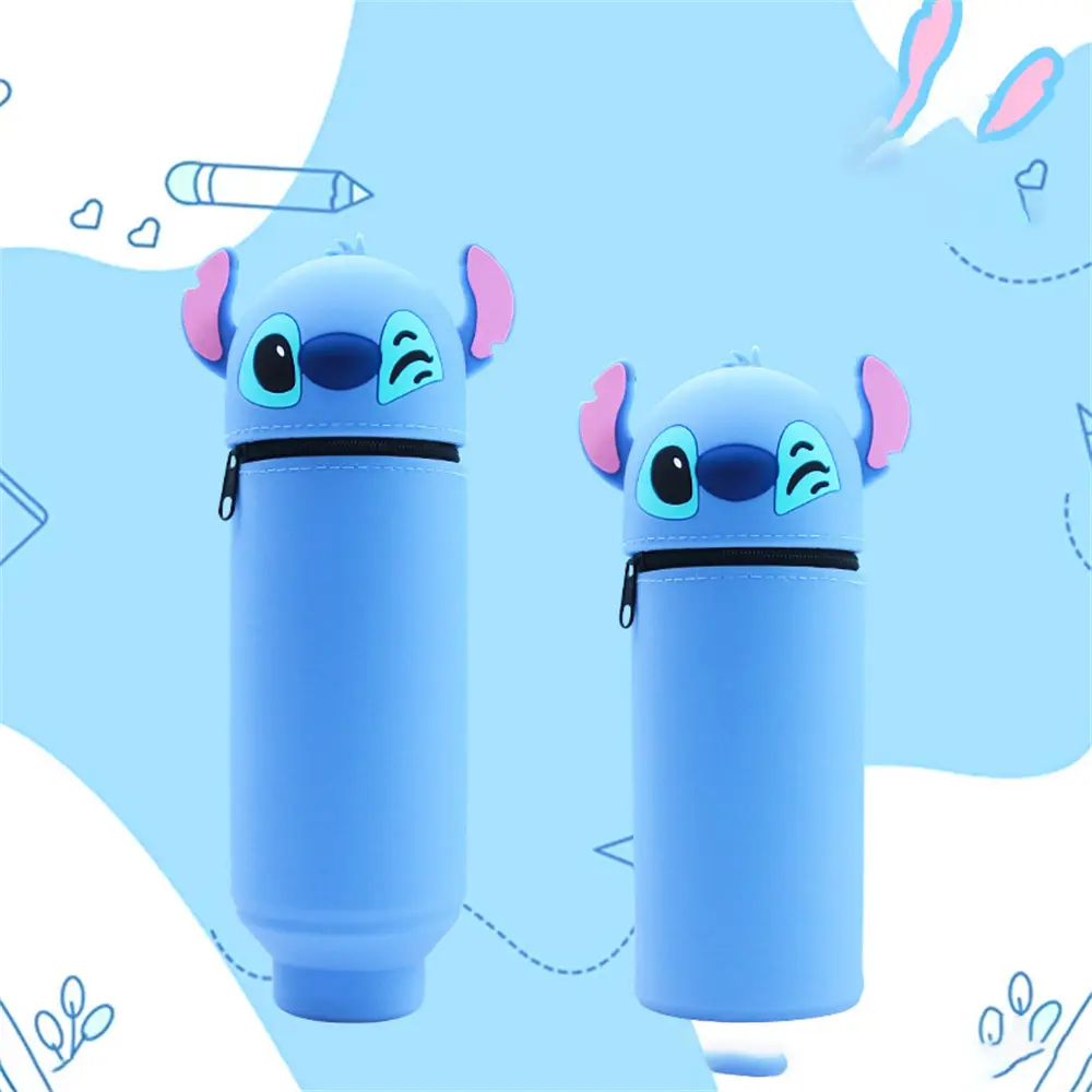 Kawaii Disney Stitch Silicone Retractable Pencil Case Fashion Upright Pen Container Cartoon Pen Box Student Stationery Supplies