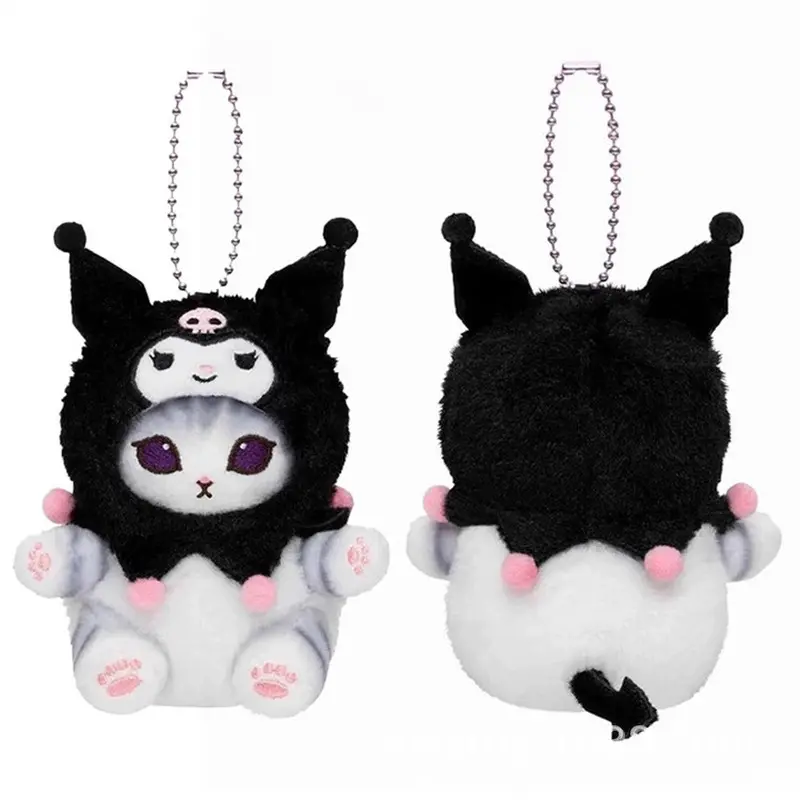 Kawaii Mofusand Cross-Dressing Hello Kitty & Kuromi Plush Keychain - 10-12cm Anime Plush Doll, Sanrio Backpack Pendant