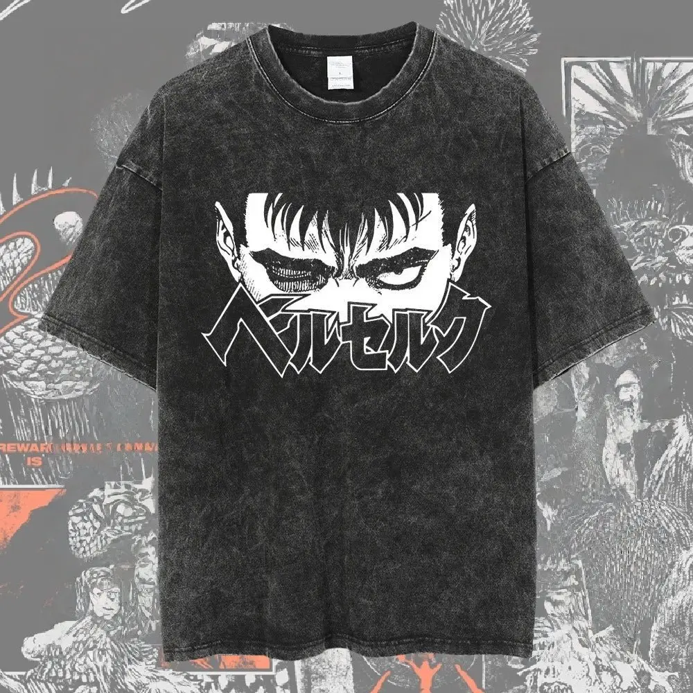 2025 Official Berserk Baggy Tee - Washed Cotton Anime Top, Retro Y2K Style for Conventions & Streetwear
