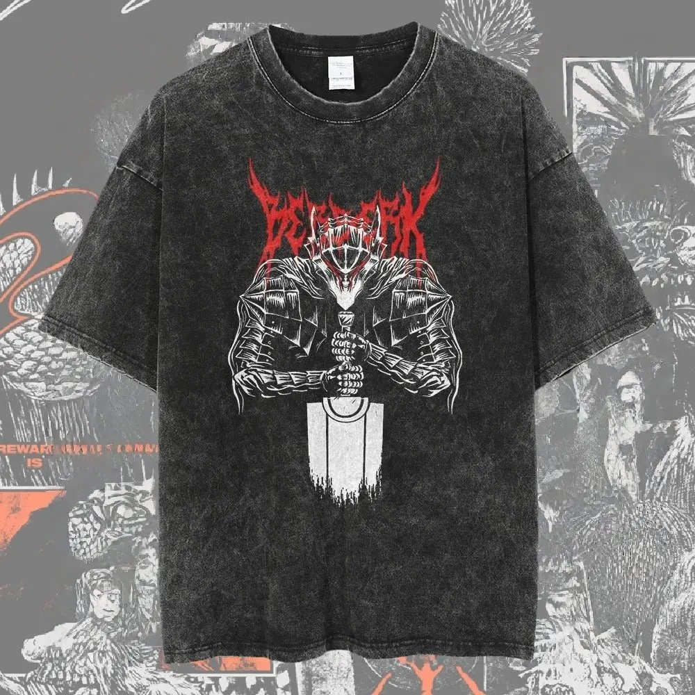 2025 Official Berserk Baggy Tee - Washed Cotton Anime Top, Retro Y2K Style for Conventions & Streetwear