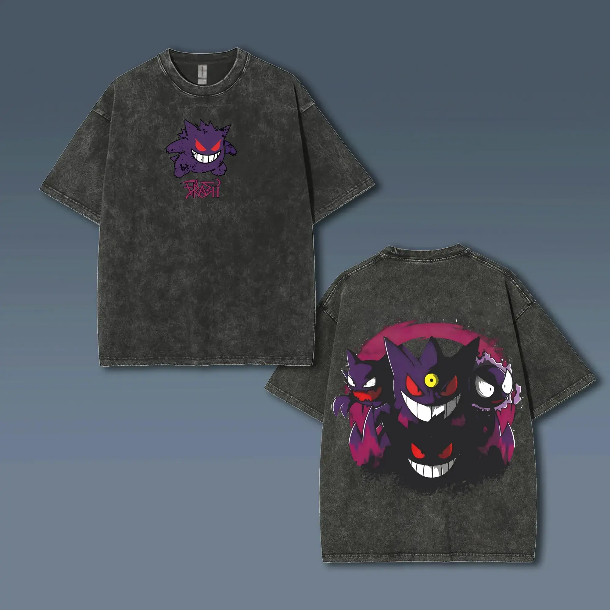Pokémon Animation Derivatives Gengar Printing Retro Washed Short-sleeved T-shirt Men's and Women's 2025 Summer Fashion Clothing