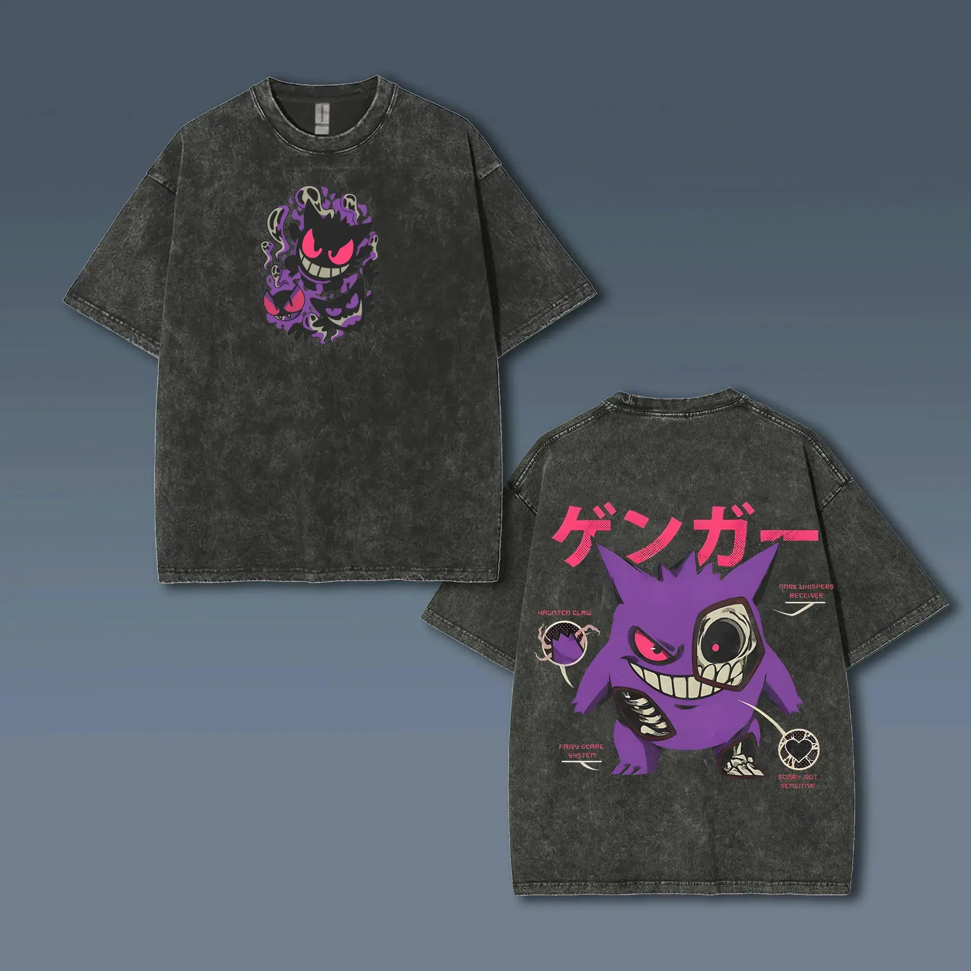 Pokémon Animation Derivatives Gengar Printing Retro Washed Short-sleeved T-shirt Men's and Women's 2025 Summer Fashion Clothing