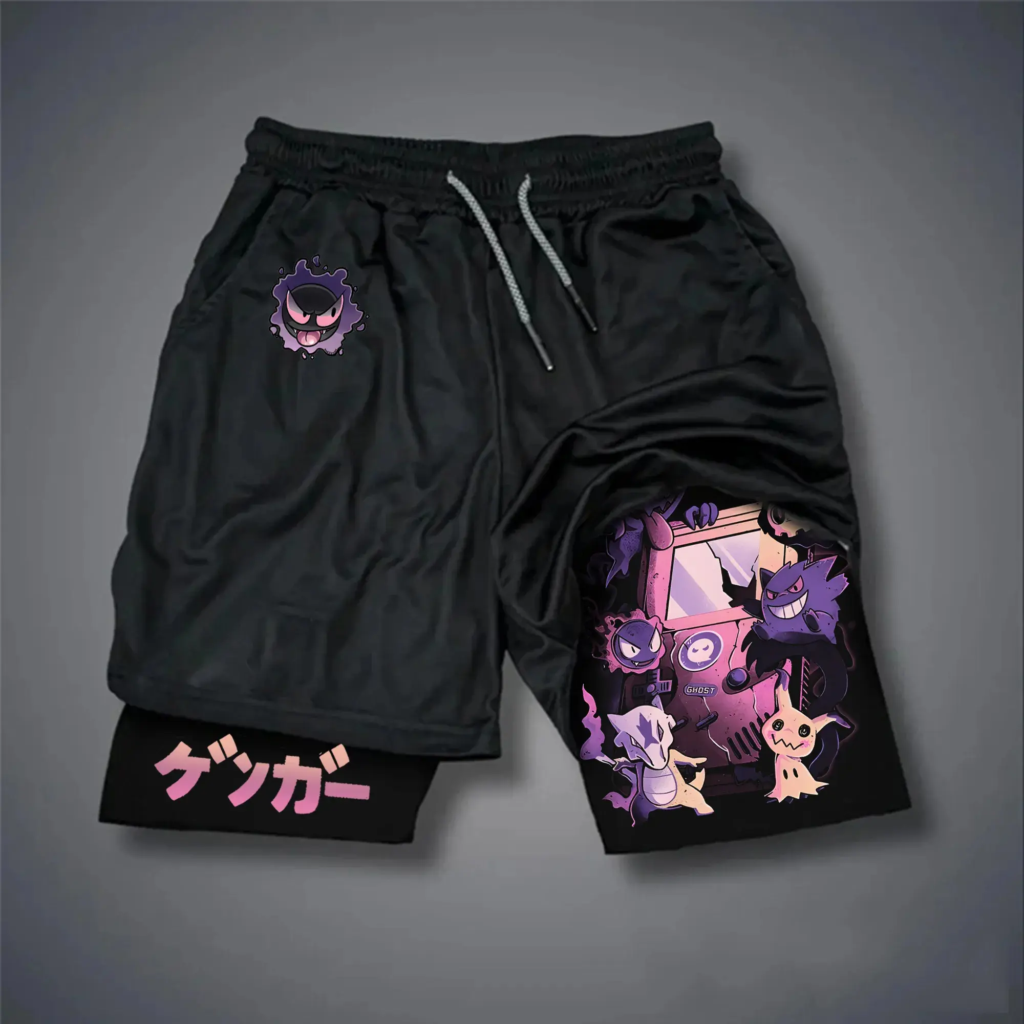 Pokémon Animation Derivatives Men's Fake Two Shorts Streetwear Pikachu Print GYM Sports Men's 2025 Summer Fashion Street Shorts