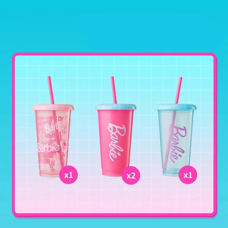 Barbie Sun Shine Series 4PCS Tumbler Set 520ml with Straw Lid BPA-Free Plastic Cup for Iced Coffee Bubble Tea Summer Essential