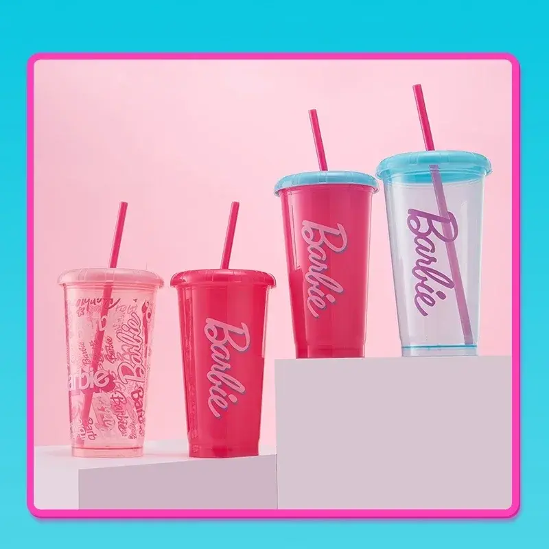 Barbie Sun Shine Series 4PCS Tumbler Set 520ml with Straw Lid BPA-Free Plastic Cup for Iced Coffee Bubble Tea Summer Essential