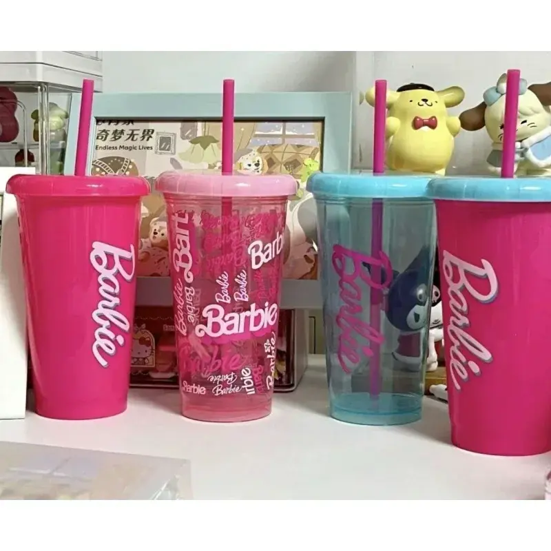 Barbie Sun Shine Series 4PCS Tumbler Set 520ml with Straw Lid BPA-Free Plastic Cup for Iced Coffee Bubble Tea Summer Essential