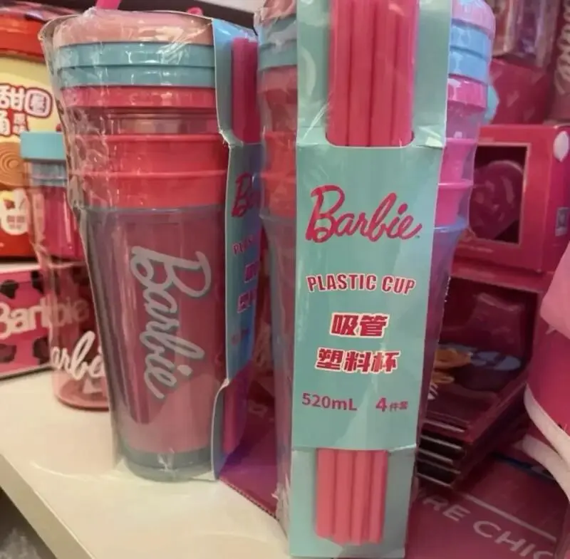 Barbie Sun Shine Series 4PCS Tumbler Set 520ml with Straw Lid BPA-Free Plastic Cup for Iced Coffee Bubble Tea Summer Essential