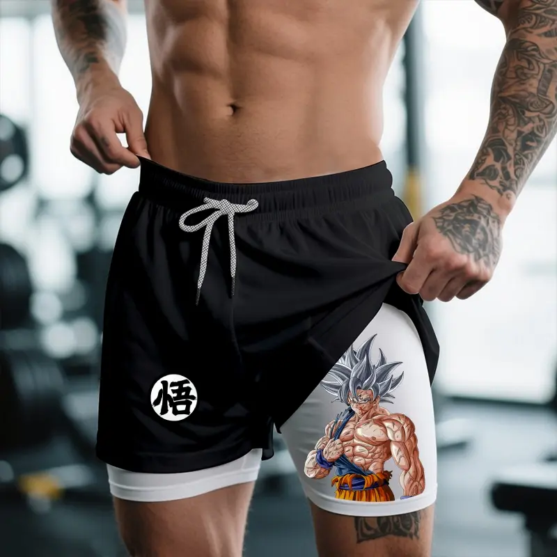 Dragon Ball Anime Gym Shorts Man Summer New Women's Sports Double-Layer 2-in-1 Workout Training Pants Quick-Drying Beach Shorts