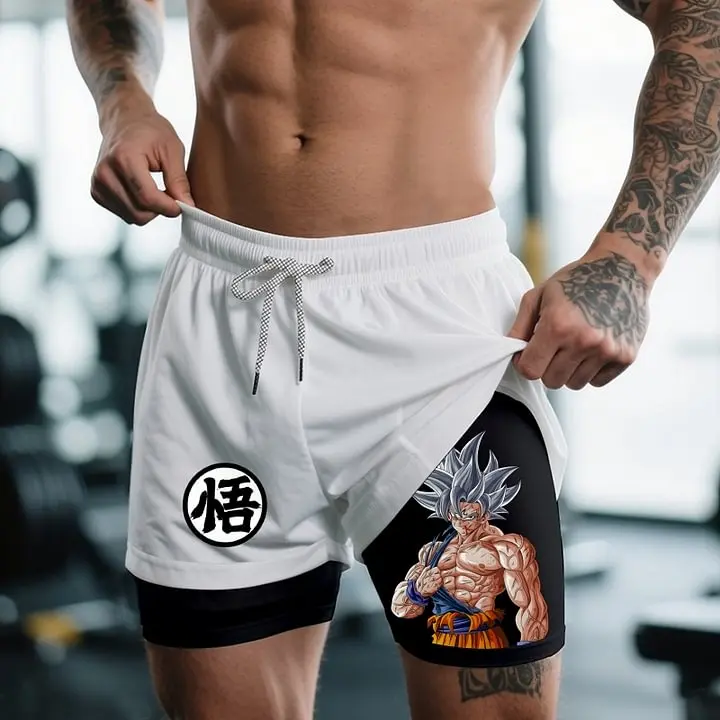 Dragon Ball Anime Gym Shorts Man Summer New Women's Sports Double-Layer 2-in-1 Workout Training Pants Quick-Drying Beach Shorts