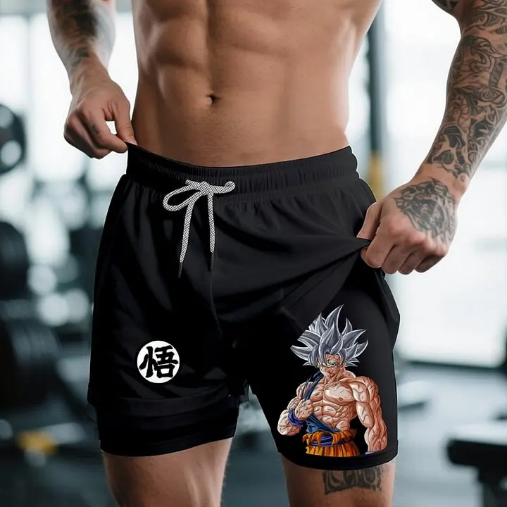Dragon Ball Anime Gym Shorts Man Summer New Women's Sports Double-Layer 2-in-1 Workout Training Pants Quick-Drying Beach Shorts