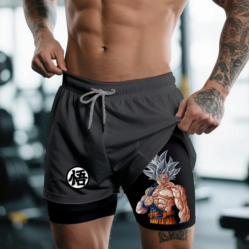 Dragon Ball Anime Gym Shorts Man Summer New Women's Sports Double-Layer 2-in-1 Workout Training Pants Quick-Drying Beach Shorts