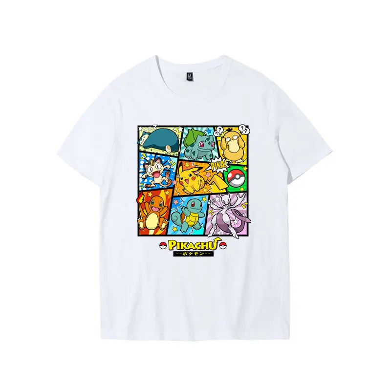 Pokemon Style T-shirt 2025 Grey Cotton Anime Tee Pikachu Bulbasaur Charmander Squirtle Japanese Manga Multi Panel Casual