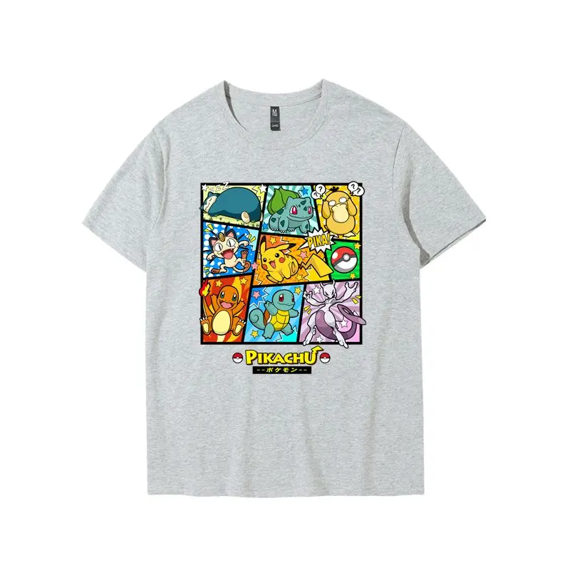 Pokemon Style T-shirt 2025 Grey Cotton Anime Tee Pikachu Bulbasaur Charmander Squirtle Japanese Manga Multi Panel Casual