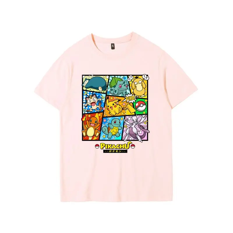 Pokemon Style T-shirt 2025 Grey Cotton Anime Tee Pikachu Bulbasaur Charmander Squirtle Japanese Manga Multi Panel Casual