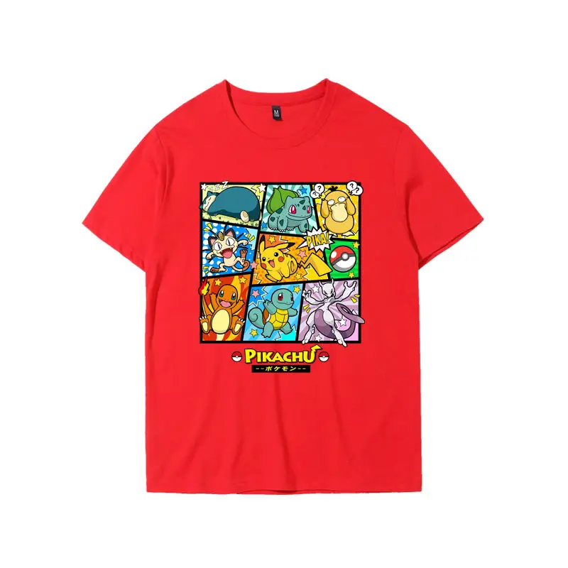 Pokemon Style T-shirt 2025 Grey Cotton Anime Tee Pikachu Bulbasaur Charmander Squirtle Japanese Manga Multi Panel Casual