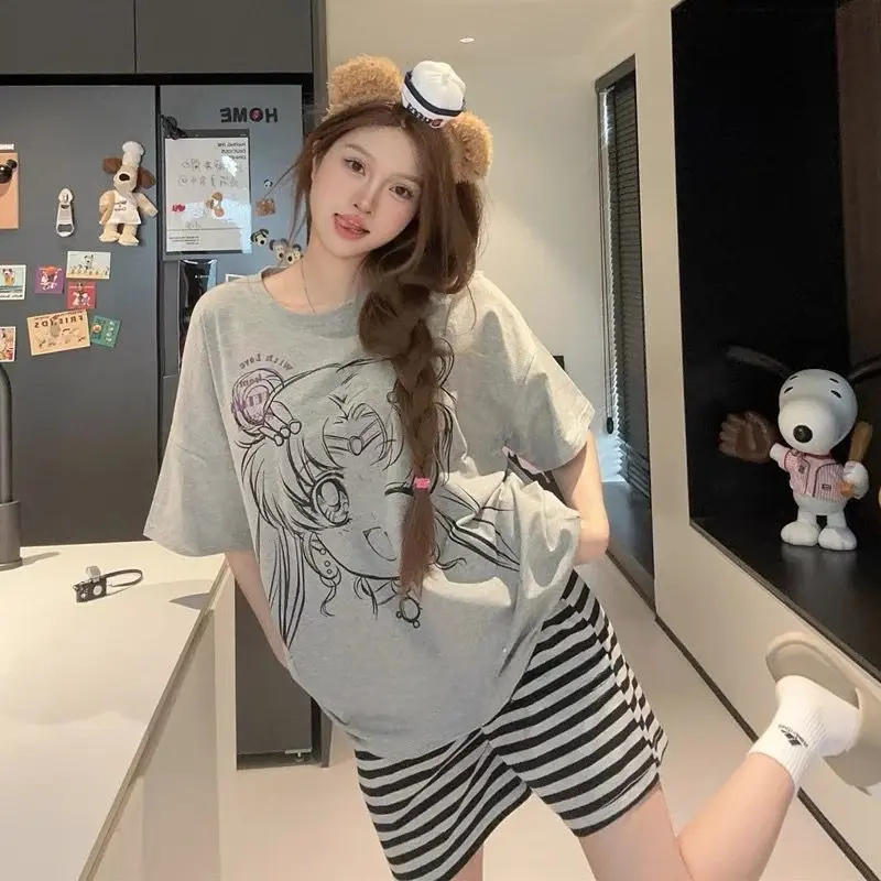 Sailor Moon Y2k Oversized T-shirt  Japanese Pajamas Summer Cotton Short Sleeve Crew Neck Cute Cartoon Striped Casual Loungewear