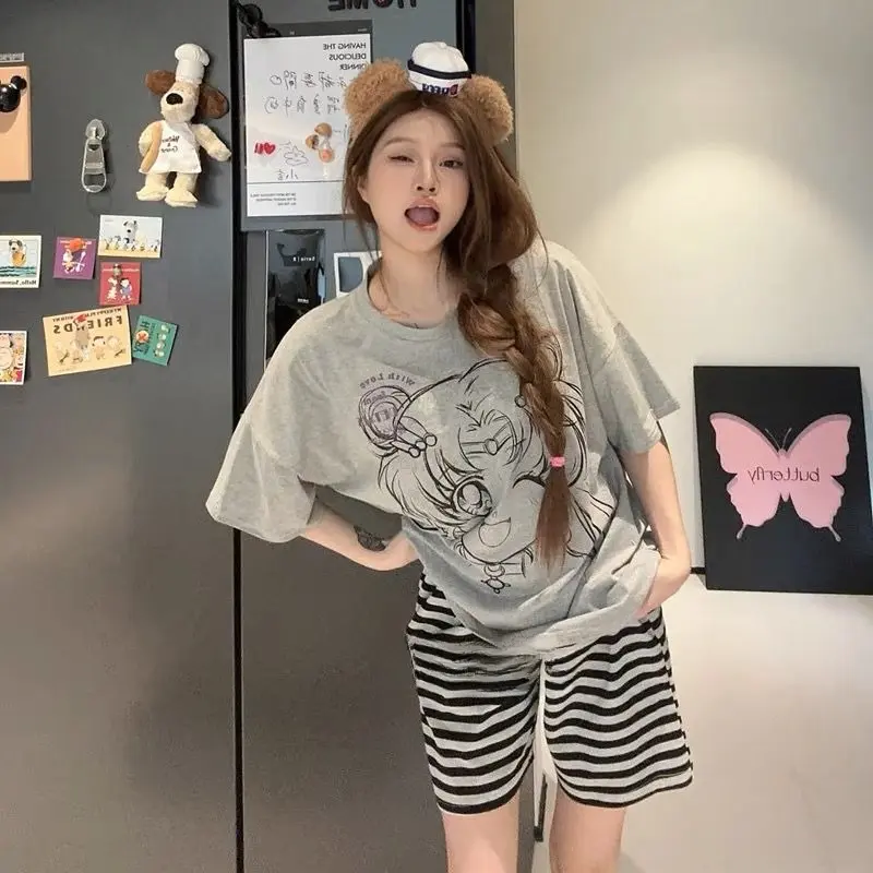 Sailor Moon Y2k Oversized T-shirt  Japanese Pajamas Summer Cotton Short Sleeve Crew Neck Cute Cartoon Striped Casual Loungewear