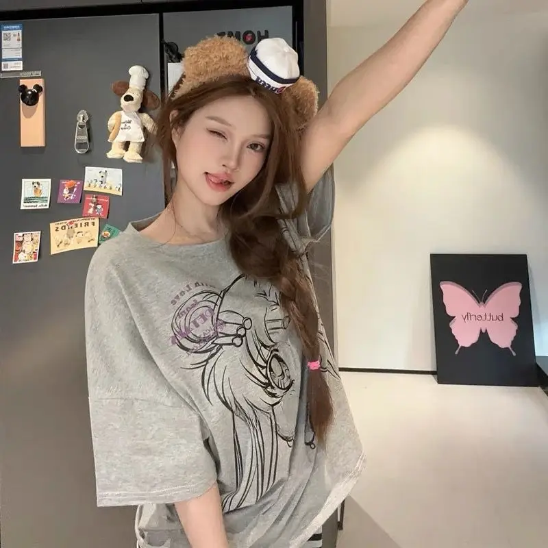 Sailor Moon Y2k Oversized T-shirt  Japanese Pajamas Summer Cotton Short Sleeve Crew Neck Cute Cartoon Striped Casual Loungewear