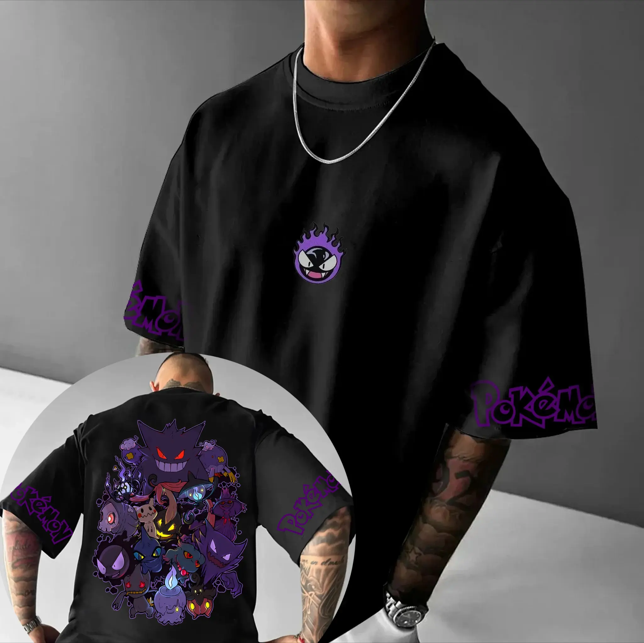 Pokémon Animation Derivatives Gengar Printing T-shirt Men's and Women's Summer Oversize Loose Cotton Street Trend Brand Top