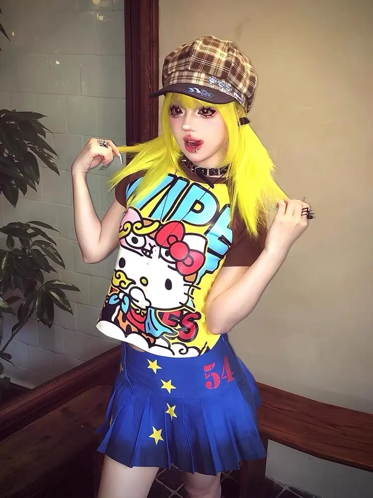Y2K Sanrio Hello Kitty New Anime Fashion Short Tops Summer Cute Tees Cartoon Printed High Street Gothic Short Hottie T-shirts