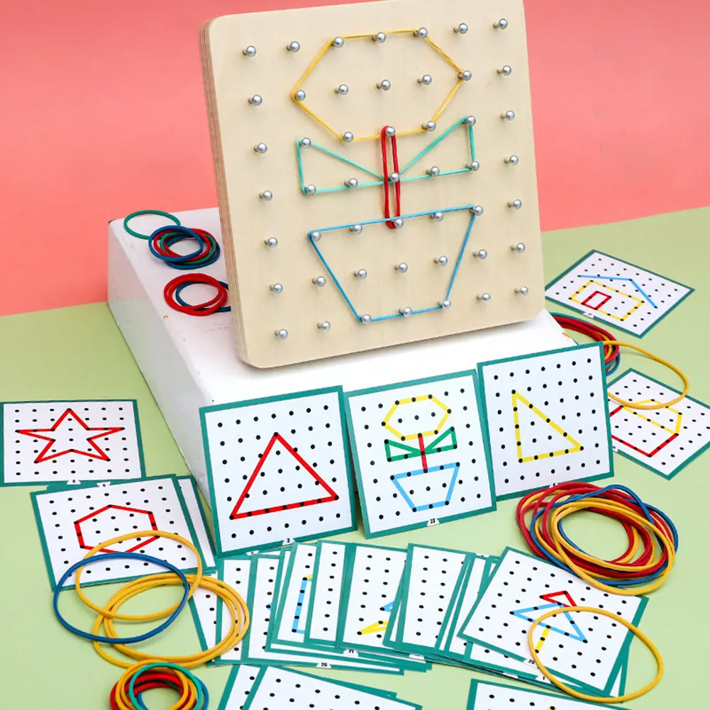 Wooden Geoboard Figures and Shapes Learning Toy with Pattern Cards and Rubber Bands Matrix 8x8/7x7 for Kids 3 Years Old and Up