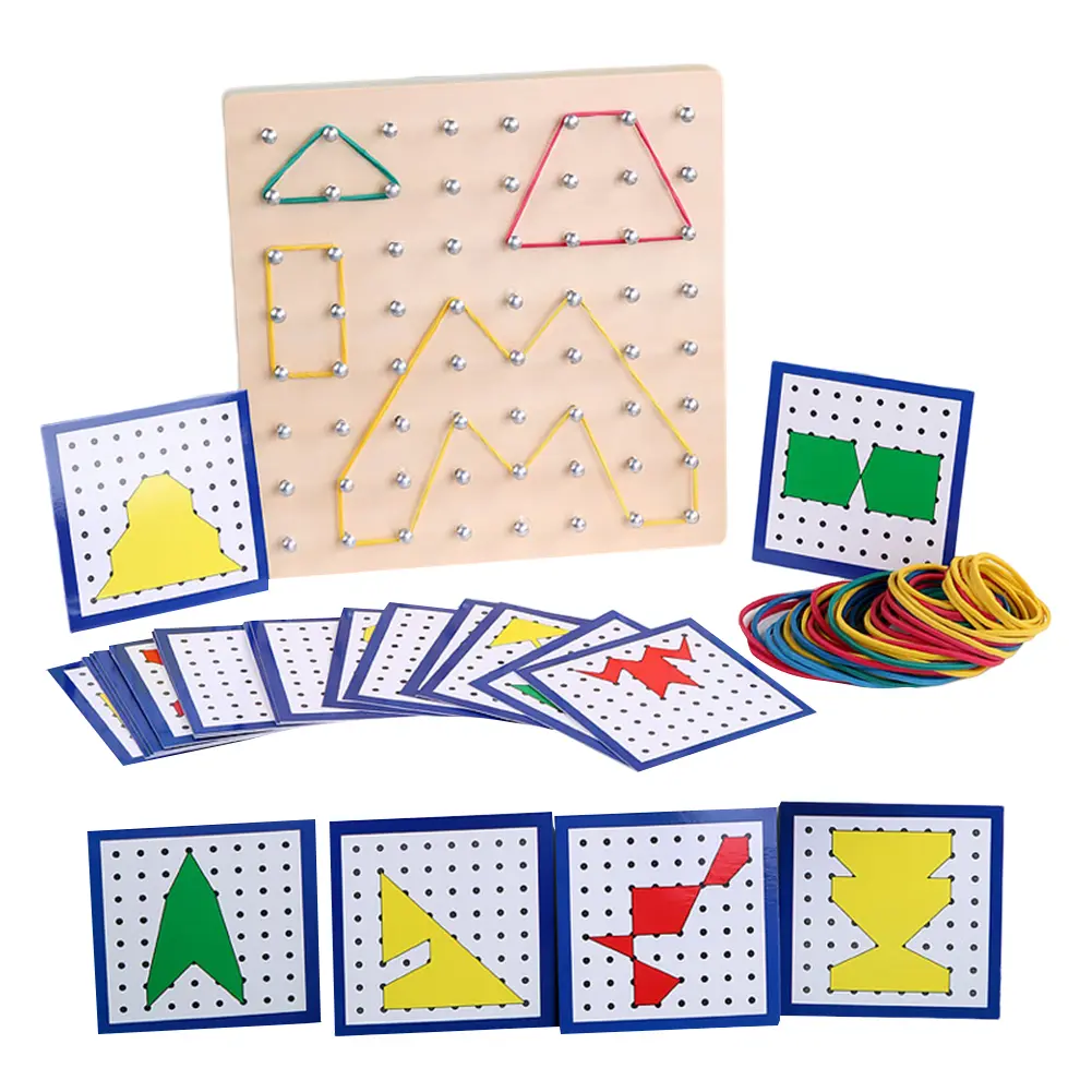 Wooden Geoboard Figures and Shapes Learning Toy with Pattern Cards and Rubber Bands Matrix 8x8/7x7 for Kids 3 Years Old and Up