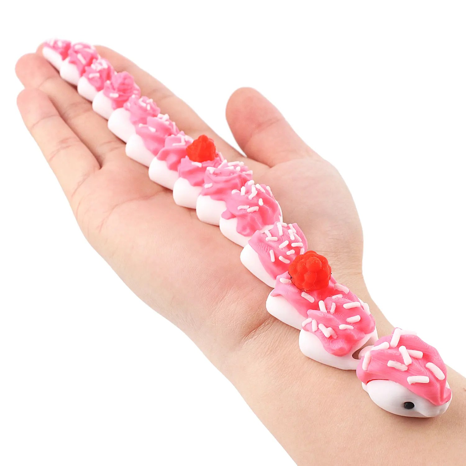 3D printed cake snake model, novel animal shape, integrated joint mobility, colorful desktop decoration, creative trendy play