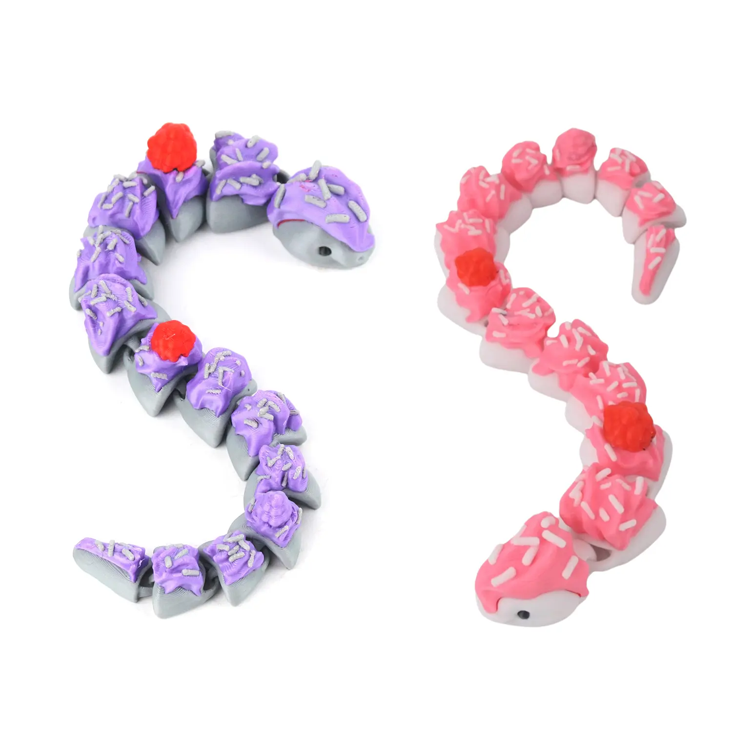 3D printed cake snake model, novel animal shape, integrated joint mobility, colorful desktop decoration, creative trendy play