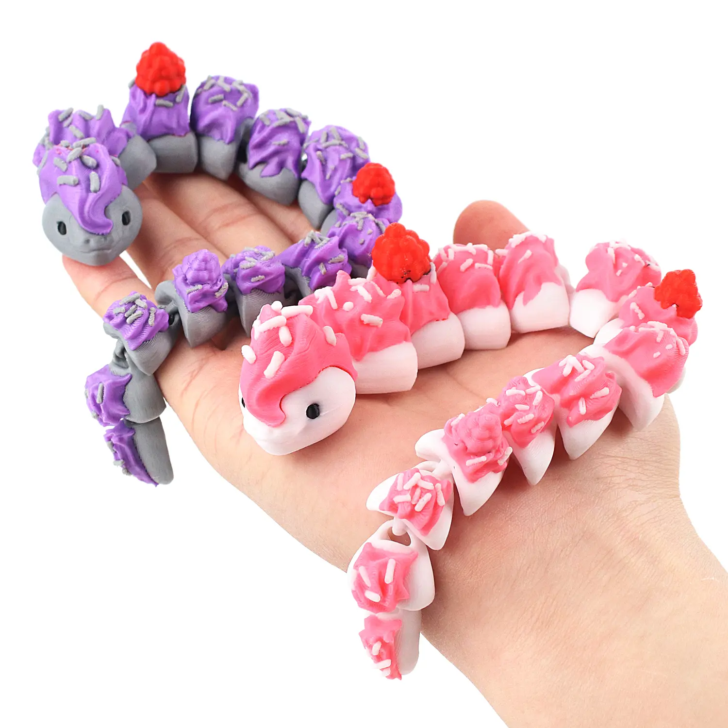 3D printed cake snake model, novel animal shape, integrated joint mobility, colorful desktop decoration, creative trendy play