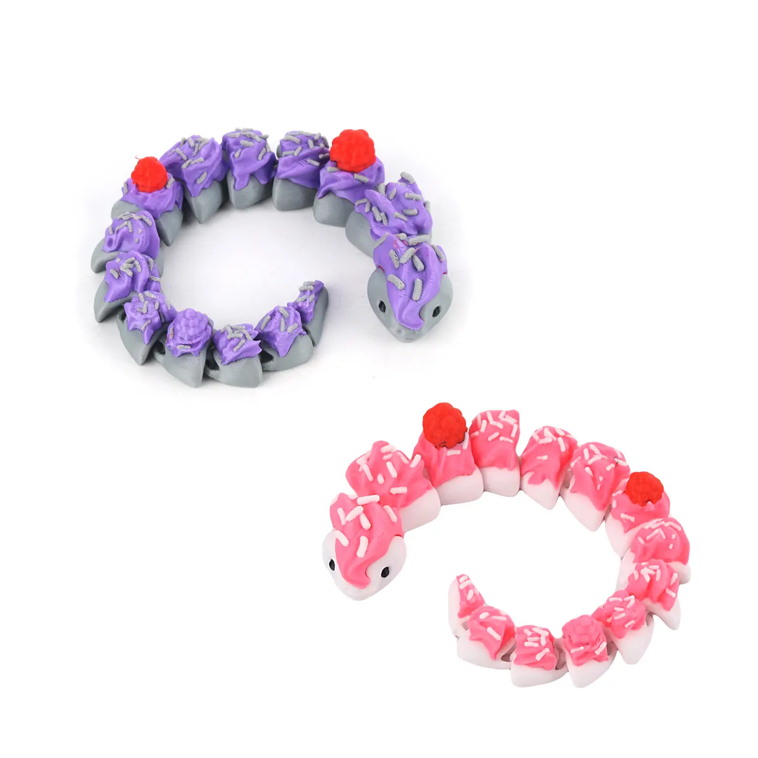 3D printed cake snake model, novel animal shape, integrated joint mobility, colorful desktop decoration, creative trendy play