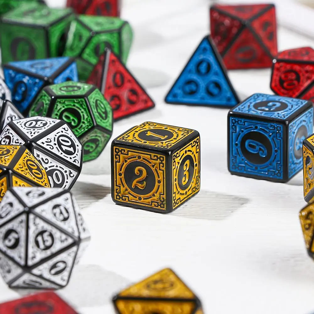 7 Pcs Kit Polyhedral 6 Sides 20 Faces Carved Vintage Ancient Retro Pattern Dices Set D4 D6 D8 D10 D% D12 D20 for TRPG DND Games