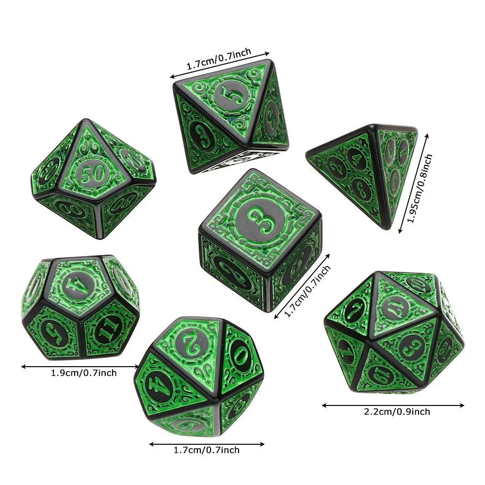 7 Pcs Kit Polyhedral 6 Sides 20 Faces Carved Vintage Ancient Retro Pattern Dices Set D4 D6 D8 D10 D% D12 D20 for TRPG DND Games