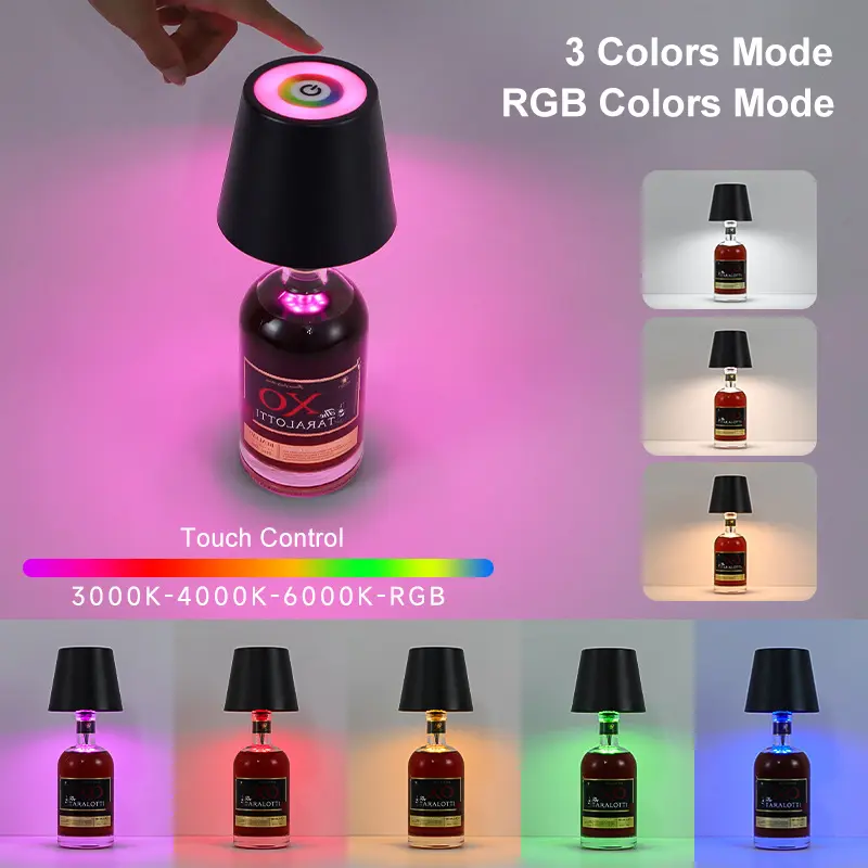 USB Rechargeable Wine Bottle LED Mood Lamp 2000mAh Touch Stepless Dimmer RGB 3 Color RGB White Cordless Pub Table Night Light