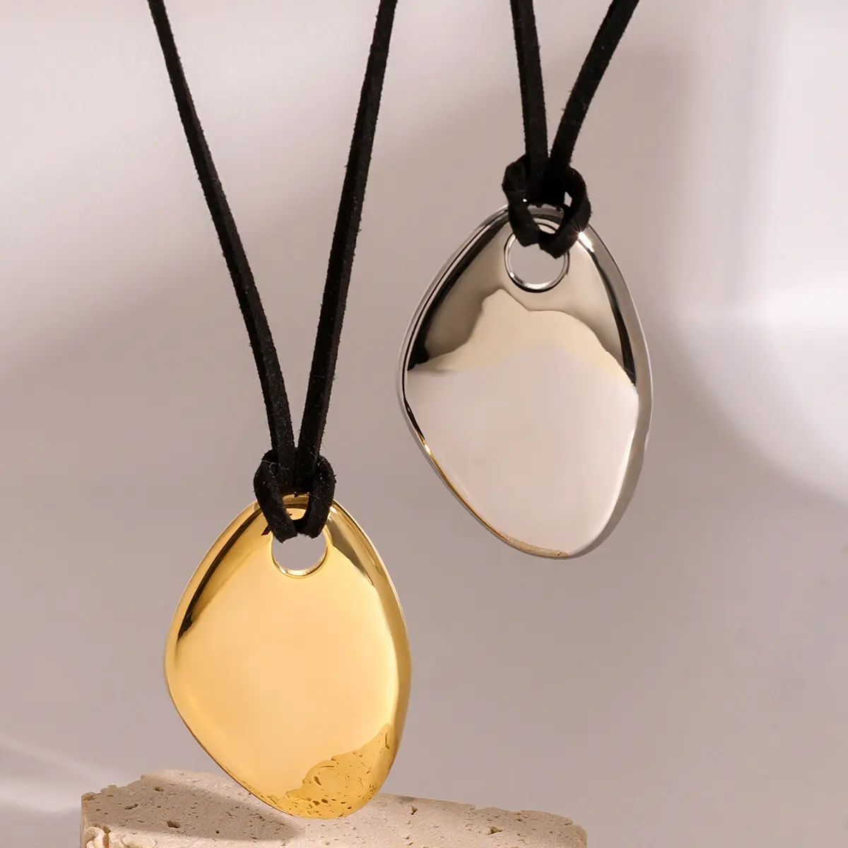 Uworld Stainless Steel Personalized fashion Irregular Glossy Pendant Black Wax Rope Necklace Rust Proof Clavicle Charm Jewelry
