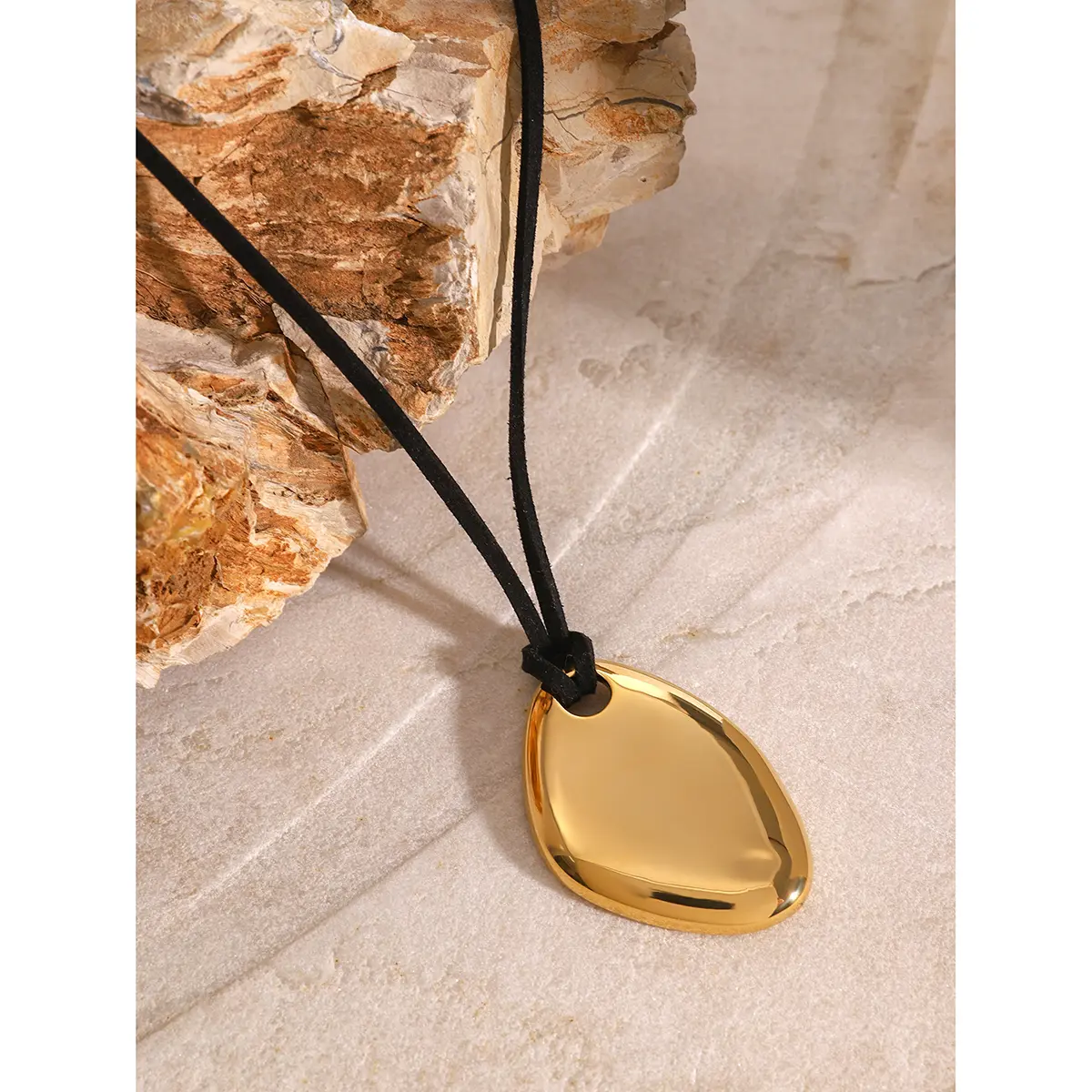 Uworld Stainless Steel Personalized fashion Irregular Glossy Pendant Black Wax Rope Necklace Rust Proof Clavicle Charm Jewelry