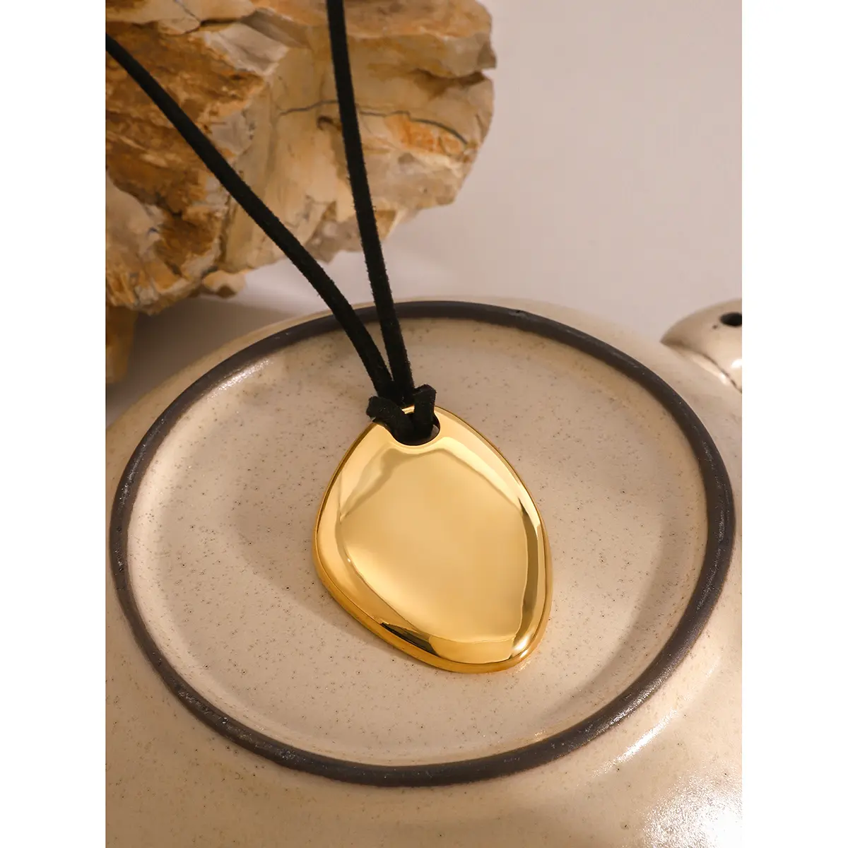 Uworld Stainless Steel Personalized fashion Irregular Glossy Pendant Black Wax Rope Necklace Rust Proof Clavicle Charm Jewelry