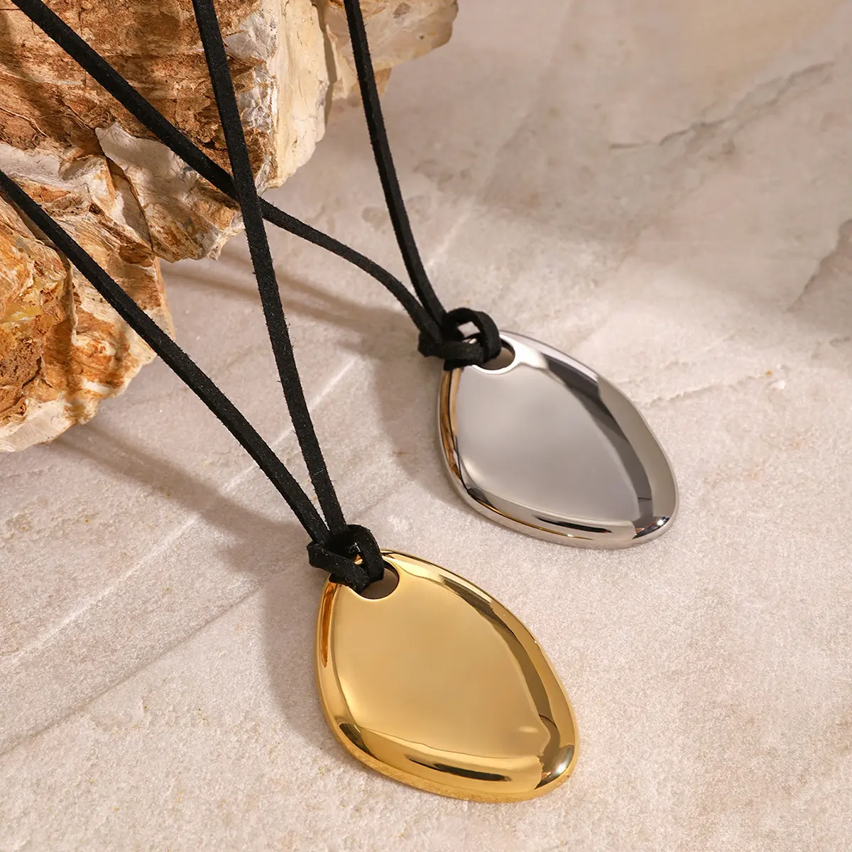Uworld Stainless Steel Personalized fashion Irregular Glossy Pendant Black Wax Rope Necklace Rust Proof Clavicle Charm Jewelry