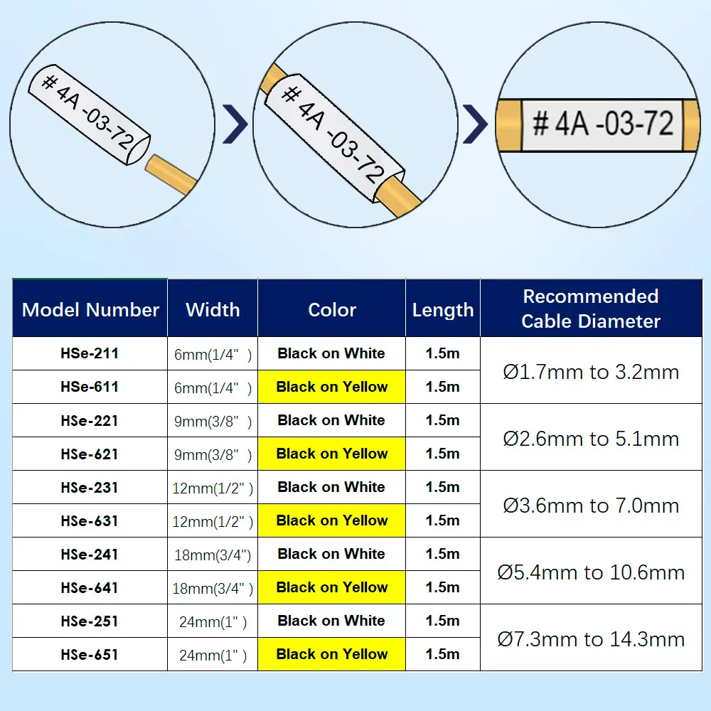 6/9/12/18/24mm Compatible Brother Heat Shrink Tube hse231 Tape hse-631 hse621 hse641 hse611 hse651 for Brother PTouch Maker H110