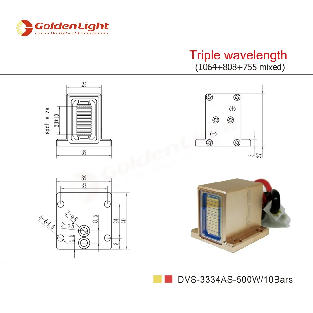 500W : DVS-3334AS Diode Laser Stack-Triple Wavelength (1064nm+755nm+808nm) Mixed Assemble / Per Bar Power 50W / Total Power 500W