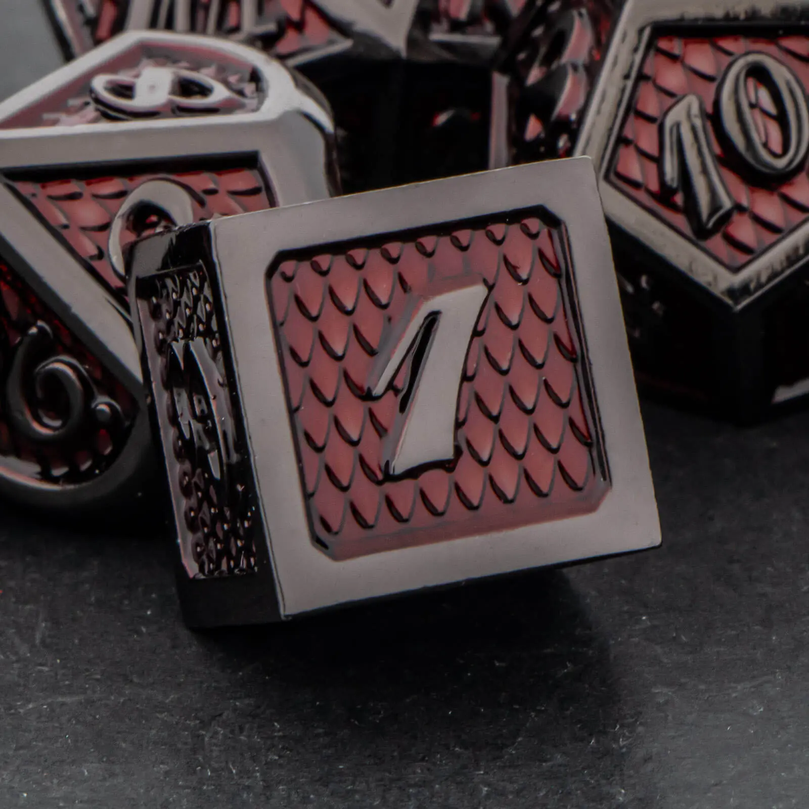 DND Metal Dice Set Black Red Dungeon and Dragon scale Dice D&D Polyhedral Dice RPG D and D Role Playing Games Dice