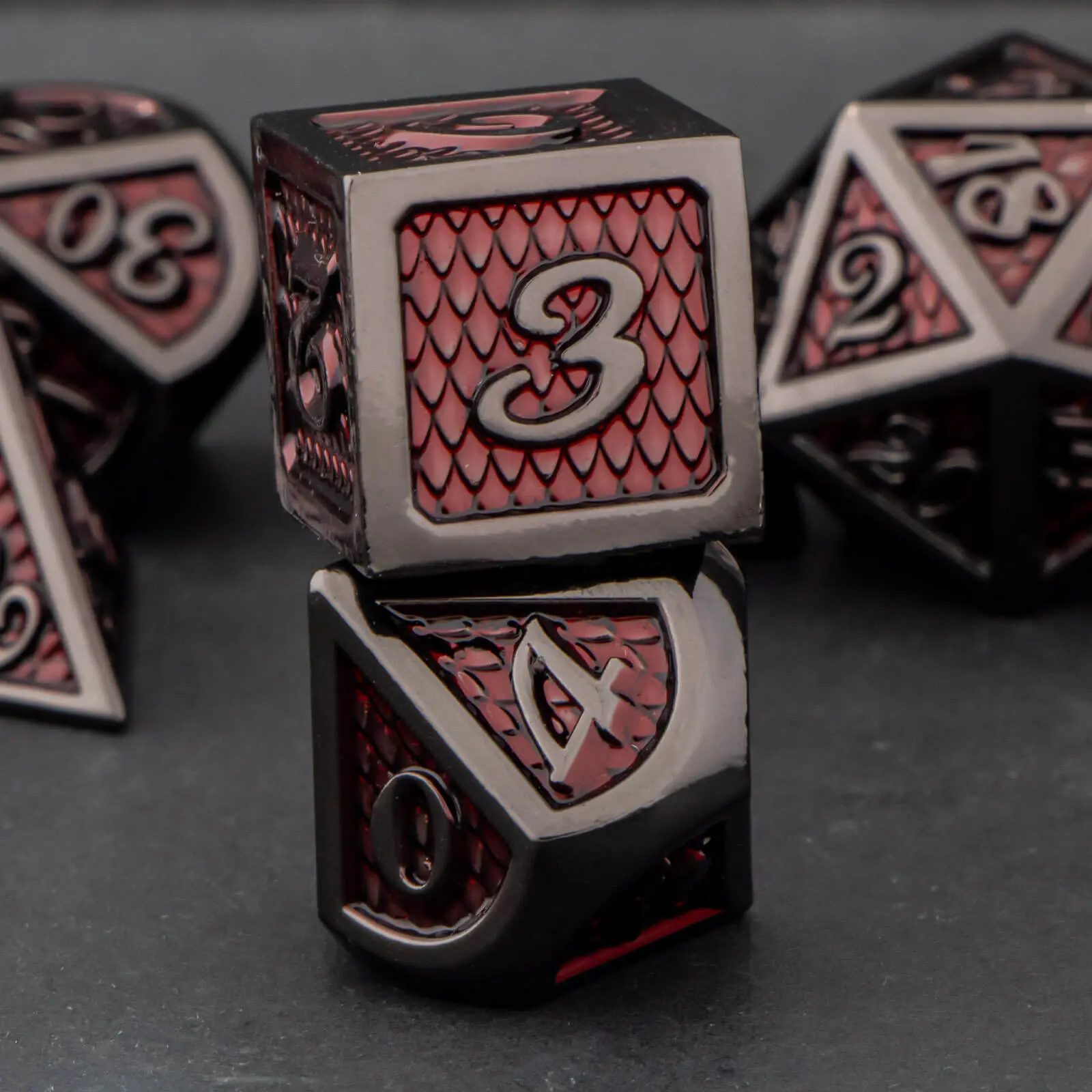 DND Metal Dice Set Black Red Dungeon and Dragon scale Dice D&D Polyhedral Dice RPG D and D Role Playing Games Dice
