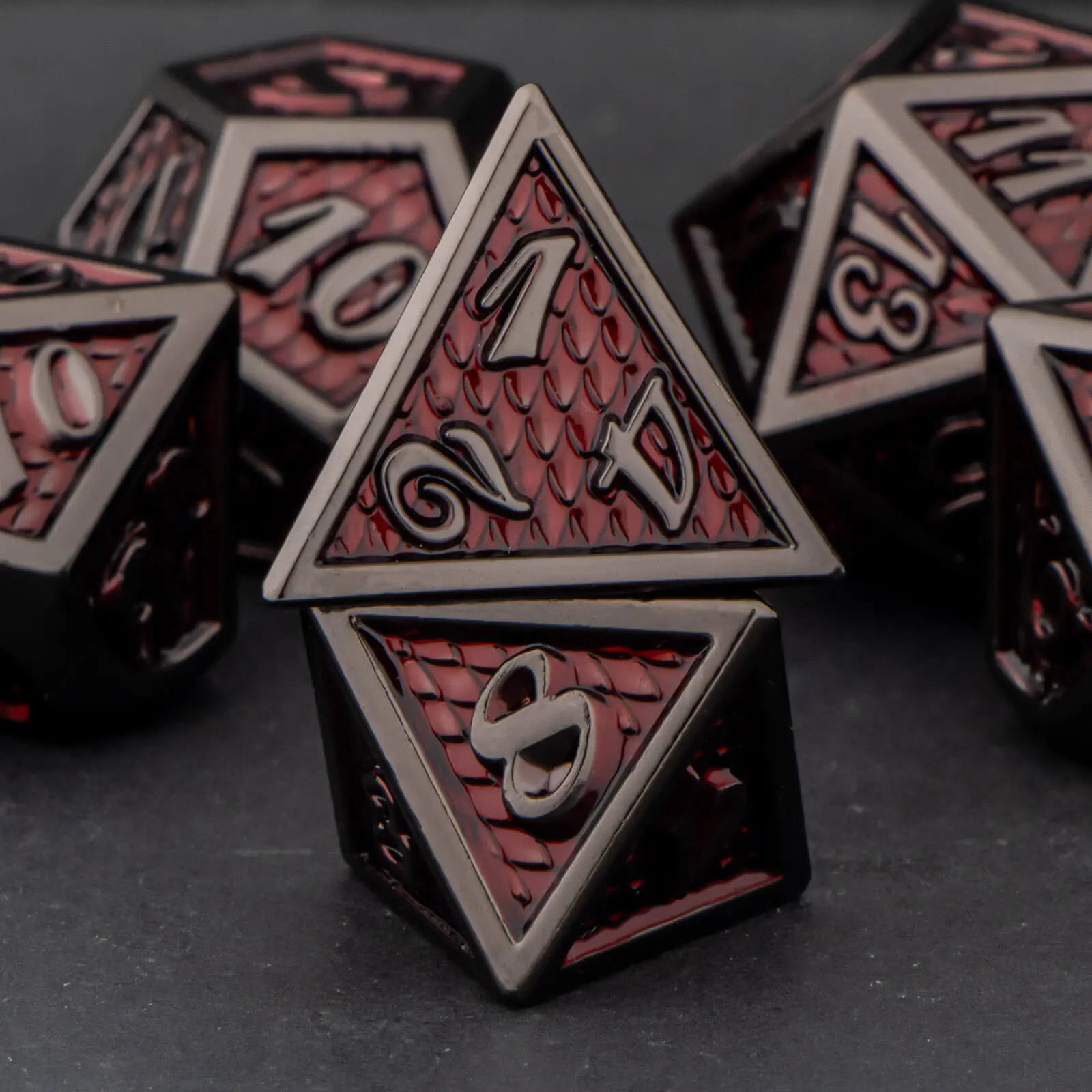 DND Metal Dice Set Black Red Dungeon and Dragon scale Dice D&D Polyhedral Dice RPG D and D Role Playing Games Dice