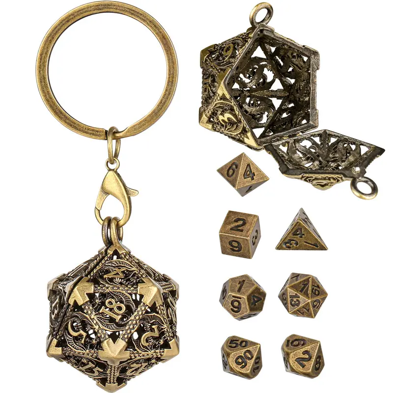 Portable Keychain with Hollow D20 Metal Case Tiny 7pcs Polyhedral Metal Dice Set Gaming Dices Accessory Necklace Pendant Chain